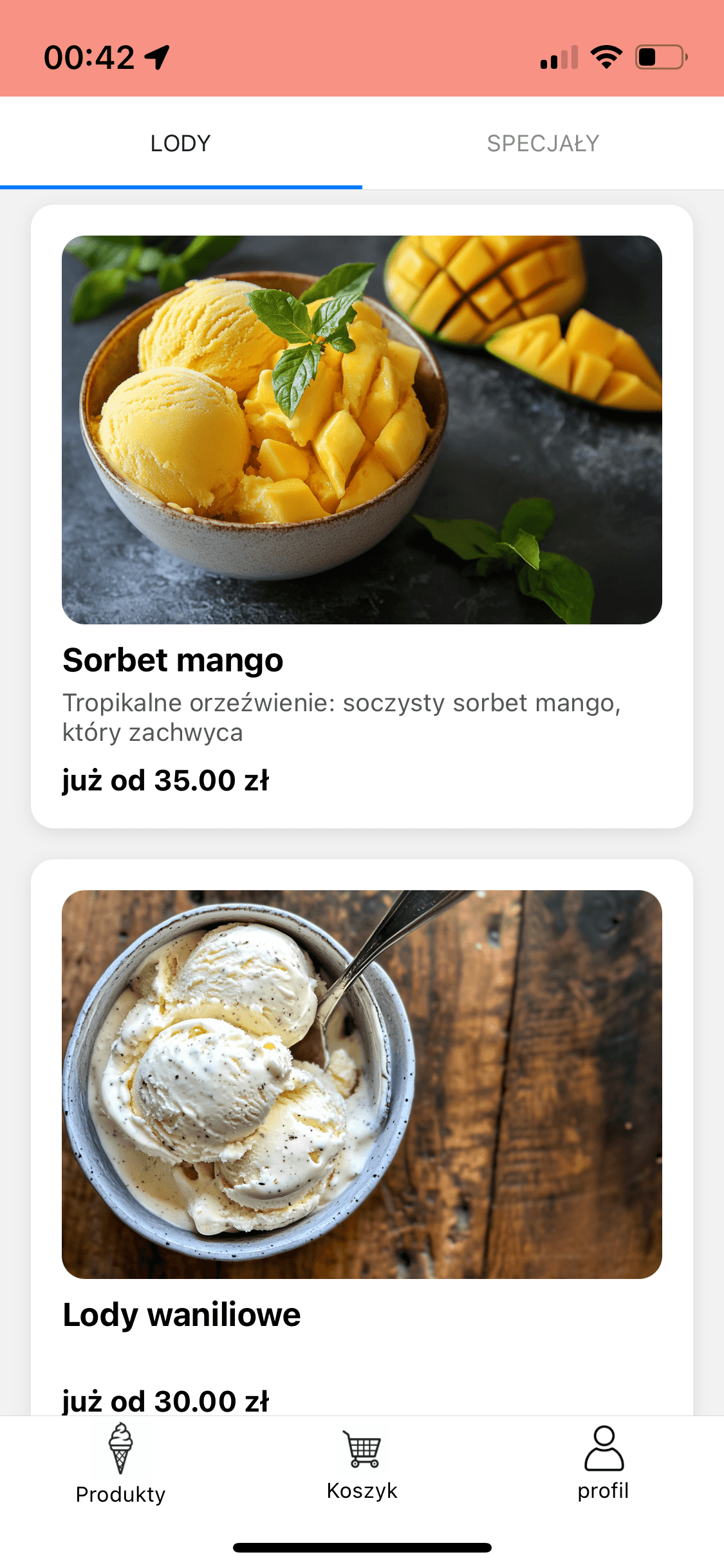 Lista produktów – zakładki Lody i Specjały, karty z lodami i cenami