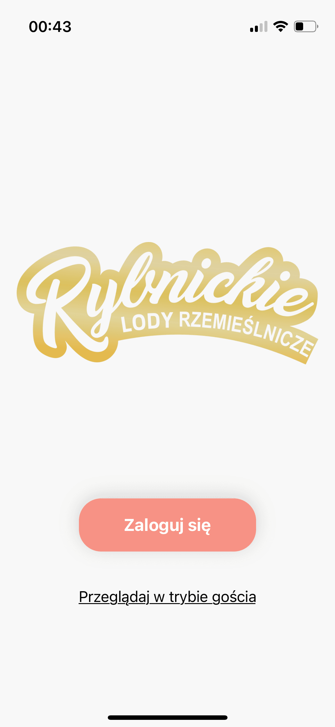 Ekran logowania – logo Rybnickie Lody Rzemieślnicze, przycisk Zaloguj się, tryb gościa