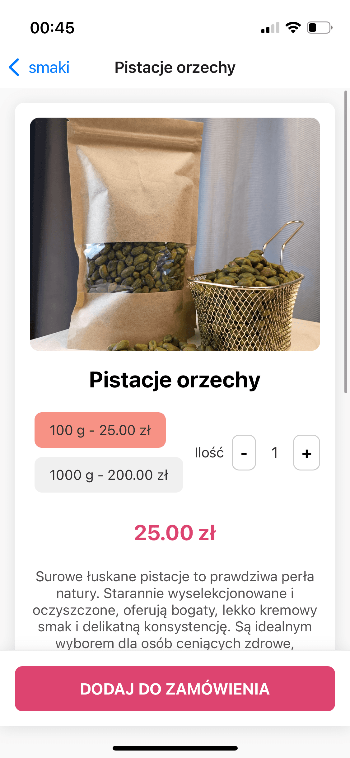 Szczegóły produktu – wybór gramatury, ilość, przycisk Dodaj do zamówienia